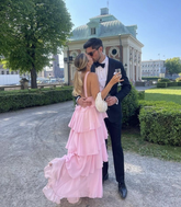 Women's Pink A-line Tiered Prom Dress Pink Backless Evening Dress Y4532