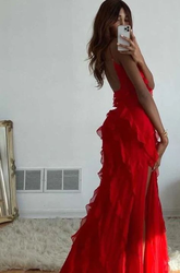 Vestido formal largo con volantes rojos, elegante vestido de noche Y6823