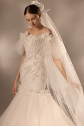 Ethereal Mermaid Off-the-Shoulder Tulle Wedding Dress with Beaded Embroidery & 3D Floral Accents H011