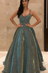 Shimmering Long A-line Spaghetti Straps Sleeveless V-Neck Sequins Prom Dress