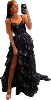 Sparkly Tiered Lace Tulle Prom Dresses Long 2025 Spaghetti Straps Formal Corset Evening Gown with Slit