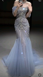 Gorgeous Blue Tulle Beaded wedding Prom Dress Off Shoulder Mermaid Evening Dress Y8058