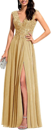 Chiffon Appliques Bridesmaid Dress Long V Neck Beaded Wedding Guest Gown with Split