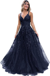 Floral Lace Glitter Tulle Prom Dress Long Ball Gown V Neck Formal Evening Dress Maxi Party Gown