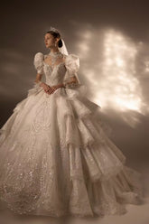 Regal High Neck Puff Sleeve Tulle Wedding Dress with Sequin Embroidery & Layered Ruffle Train Q6020