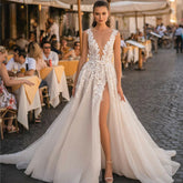 Boho Wedding Dresses For Dress Elegant A-Line Sleeveless 3D Appliqued Bride Gown Side Split Sexy Backless Dress