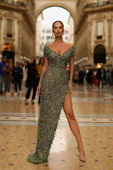 Off The Shoulder V-neck Mermaid Prom Dress with High Slit and Sequins