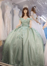 Glitter Sage Green Off The Shoulder Ball Gown,Sweet 16 Dress Y2265