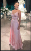 Pink A-line Spaghetti Straps V-neck Maxi Long Prom Dresses Evening Dresses Y5104