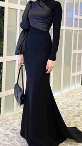 Chic Black Mermaid Long Prom Dress,Black Evening Dress with Long Sleeves Y2079
