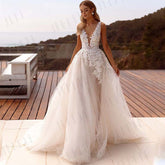 Popular V-neck Lace Applique A Line Wedding Dresses Backless Side Slit Custom Made Formal Bridal Grown 2024