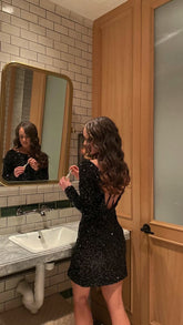 Sparkly Black Sequins Short Homecoming Dress Holiday Outfit Dress Y1166