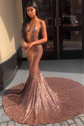 Spaghetti Straps V-neck Champagne Mermaid Prom Dress with Sequins