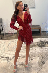 Red Plunging Neck Long Sleeves Homecoming Dress with Fringe Y2864