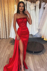 Red Long Mermaid Strapless Satin Formal Prom Dress with High Split