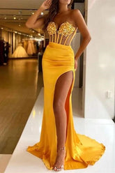 Strapless Long Mermaid Satin Sequins Prom Dress With Split Front