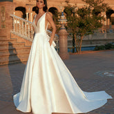 Spaghettiträger V-Ausschnitt Vestido De Novia Ärmellose Applikationen Satin Brautparty Rückenfreies A-Linie Hochzeitskleid für Frauen