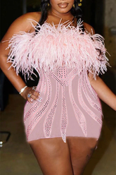 Rhinestone Girly Fluffy Mini Dress Pink Dress Short Homecoming Dress Y781