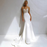 Shinning Mantel Perle Brautkleider Spaghetti Strap Satiin Perlen V-Ausschnitt für Frauen Robe De Mariée Formale Bräute Kleid