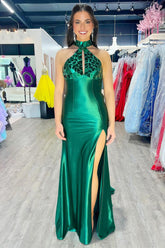 Mermaid Halter Dark Green Satin Long Prom Dresses with Beads