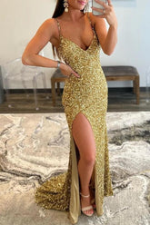 Arlene | Charming Mermaid V Nekc Gold Sequins Long Prom Dresses with Slit