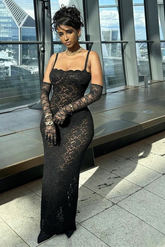 Sexy Spitze Durchsichtig Frauen Langes Abendkleid Spaghetti-Trägern Slim Fit Kleider Sommermode Y4236