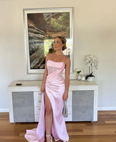 Chic Pink Strapless Prom Dress Glam Pink Evening Dress with Split Pageant Dress Y1986