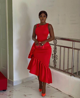 Women's Red Irregular Ruffled Round Neck Christmas Sleeveless Elegant Party Evening Dress Y4109