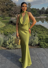 Sexy Halter Green Satin Prom Dress Lonr Evening Dress Y8210