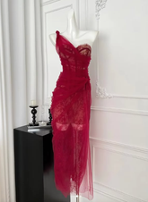 Pretty Burgundy Tulle Lace Prom Dress Evening Dress Y8506