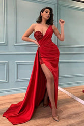 Slit Front Red Sequin One Shoulder Mermaid Prom Dress