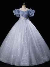 Süßes blaues Tüll-Pailletten-Abendkleid mit Fee-Ballkleid Y7679