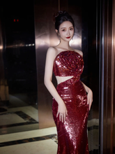 Burgundy Strapless Sequin Rose Flowers Prom Dress Mermaid Long Evening Dress Y8595