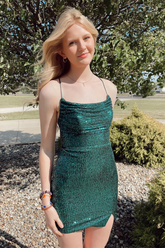 Straps Dark Green Cowl Neck Tight Mini Dress Dark Green Homecoming Dress Y2948