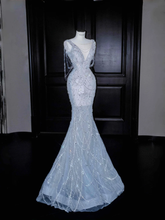 Dream Blue Tulle Beaded Chain V Neck Long Mermaid Prom Dress Evening Dress Y8665