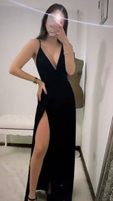 A-Linie V-Ausschnitt Spaghettiträger Ballkleid Sexy Schwarzes Abendkleid Y712