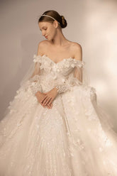 Gorgeous Long Ball Gown Off-the-Shoulder Tulle Wedding Dress with 3D Floral & Crystal Embroidery & Cathedral Train H009