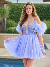 A-Line Off-the-shoulder Beading Tulle Homecoming Dresses with Feathers