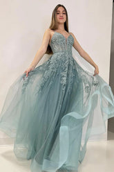 A-Line V Neck Tulle Lace Gray Green Long Prom Dress PSK506