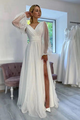 A-Line Sparkly V-Neck Long Sleeves Beach Wedding Dress WD750