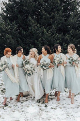 A-line Halter Pleated Chiffon Sleeveless Tea Length Bridesmaid Dresses BD085