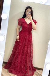 Elegantes A-Linie V-Ausschnitt Langes Abendkleid Y5702