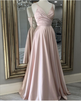 Pink V Neck Prom Dress Long Evening Dress with Tie Back Y848
