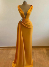 Yellow Mermaid Prom Dresses Deep V Neck Sexy Evening Dress Cocktail Party Sweep Train Formal Occasion Wear Y4931