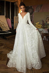 A Line Elegant Long Sleeves V Neck Beach Wedding Dress Bridal Gown WD551