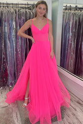 A-Linie Spaghettiträger Hot Pink Langes Tüll Ballkleid PSK458