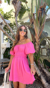 Hot Pink A-line Homecoming Dress with Puff Sleeves Summer Dress Y2758