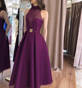Purple A-line Sleeveless Prom Dress Purple High Neck Evening Dress Y5859