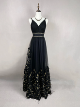 Gorgeous Black Tulle Gold Silk Feathers A Line Prom Dress Formal Evening Dress Y8652