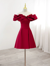 Burgundy A-Line Off Shoulder Satin Homecoming Dress Y2506